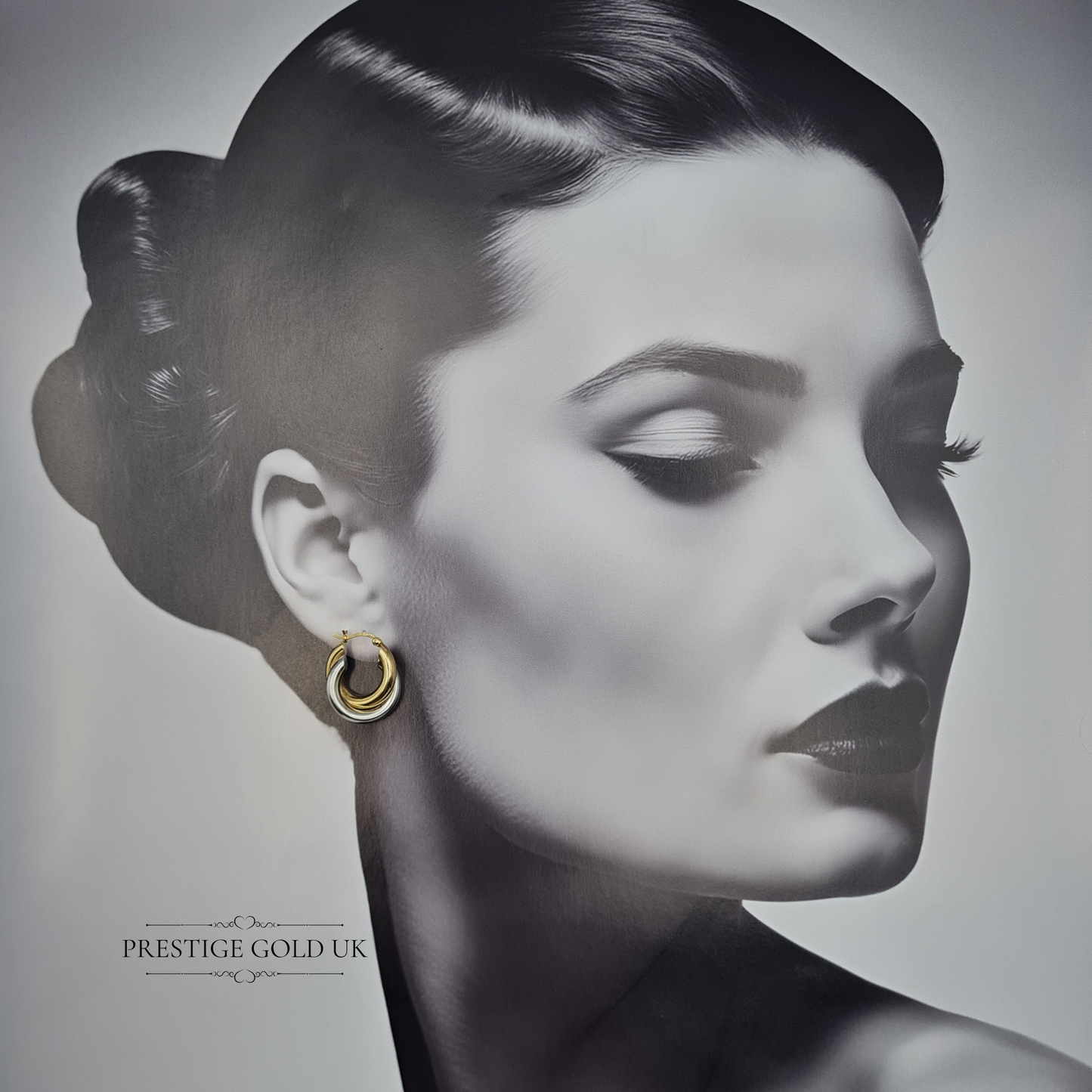 9ct Gold Two Tone Hoop Earrings, Interlocking twist Desing