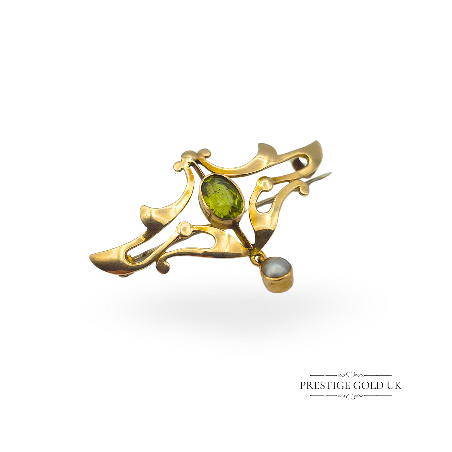 Antique 9ct Gold Art Nouveau Peridot & Pearl Brooch
