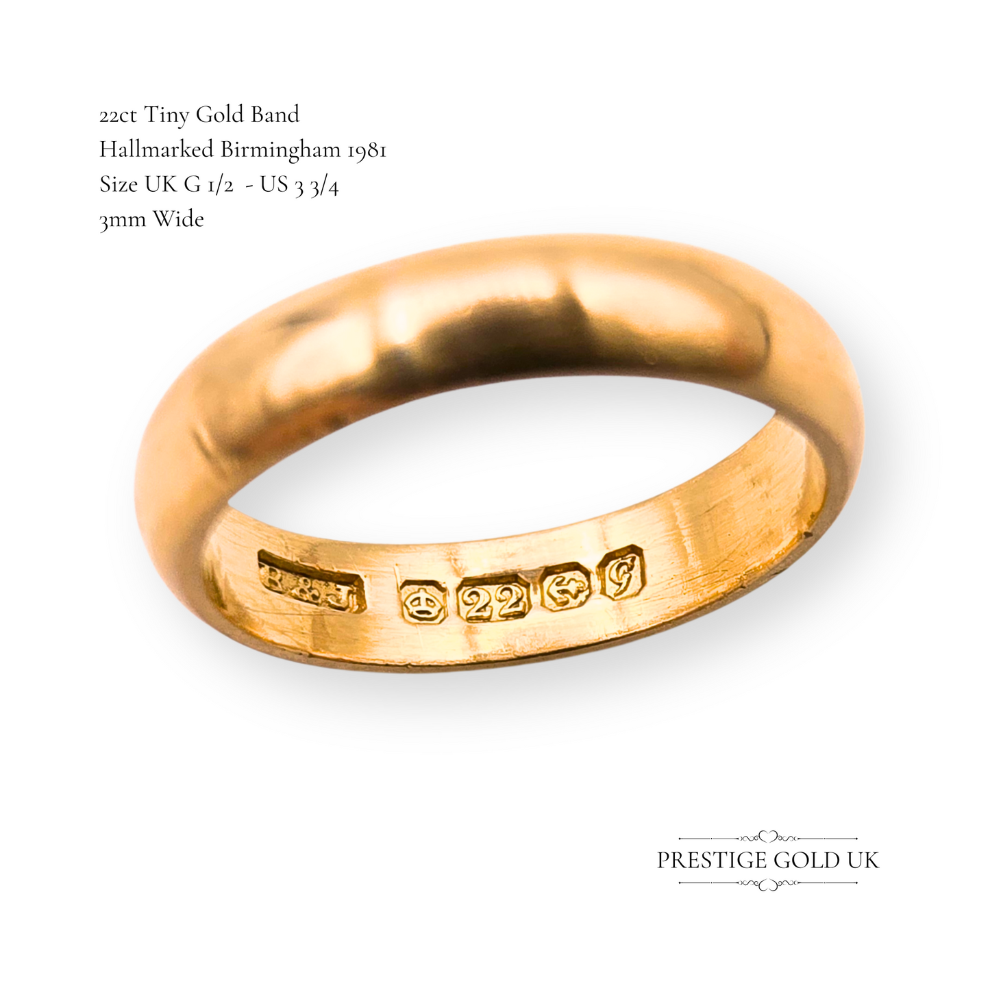 22ct Gold Wide Tiny Ring, UK G 1/2 - US 3 3/4, Hallmarked Birmingham 1981