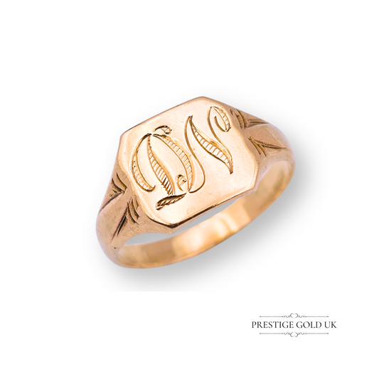 Vintage 9ct gold signet ring engraved with “DN”, hallmarked Birmingham 1976, rectangular face with unique back-stamped hallmark, UK L US 5 3/4 size