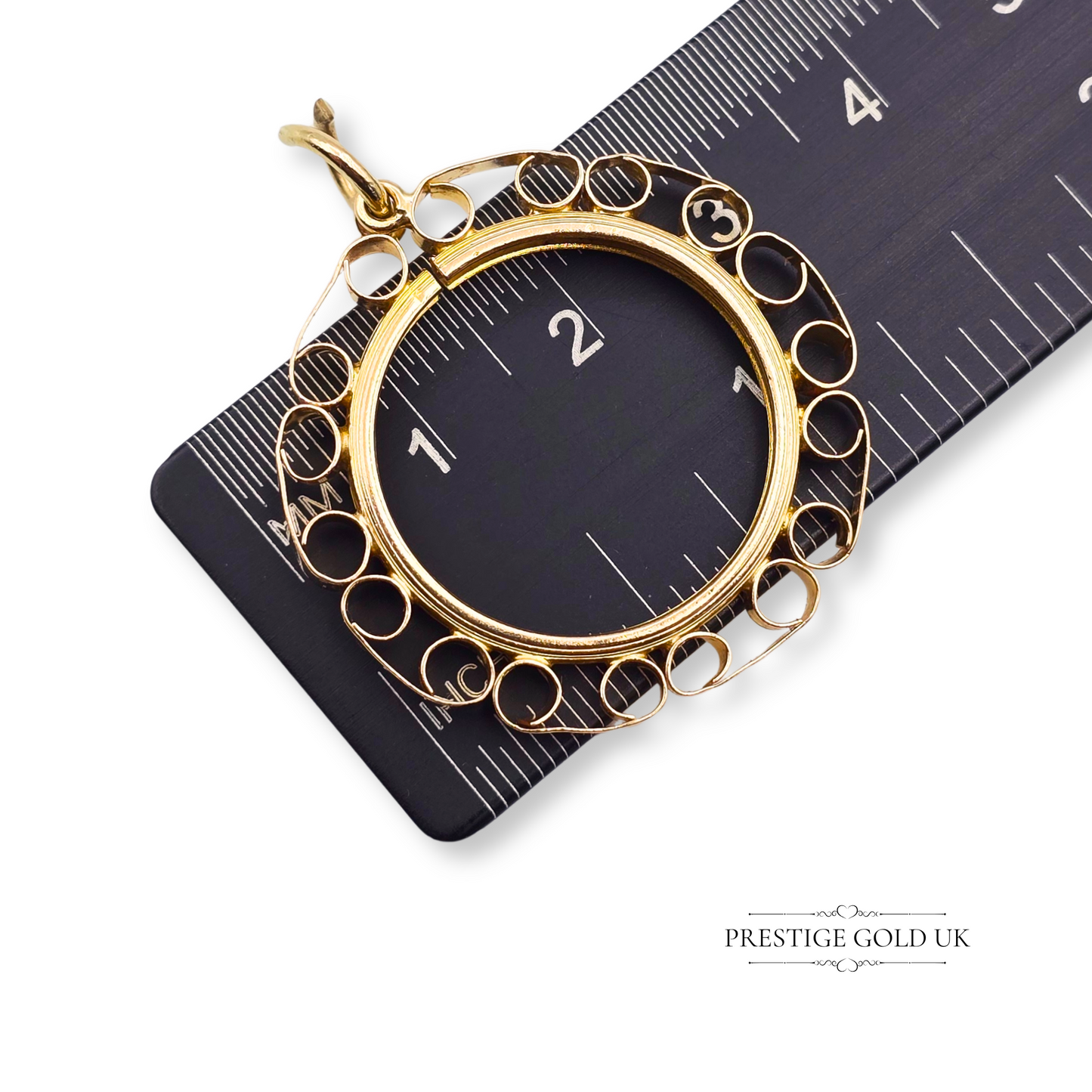 Large 9ct Gold Full Sovereign Coin Holder Pendant, Scroll Edge Coin Bezel
