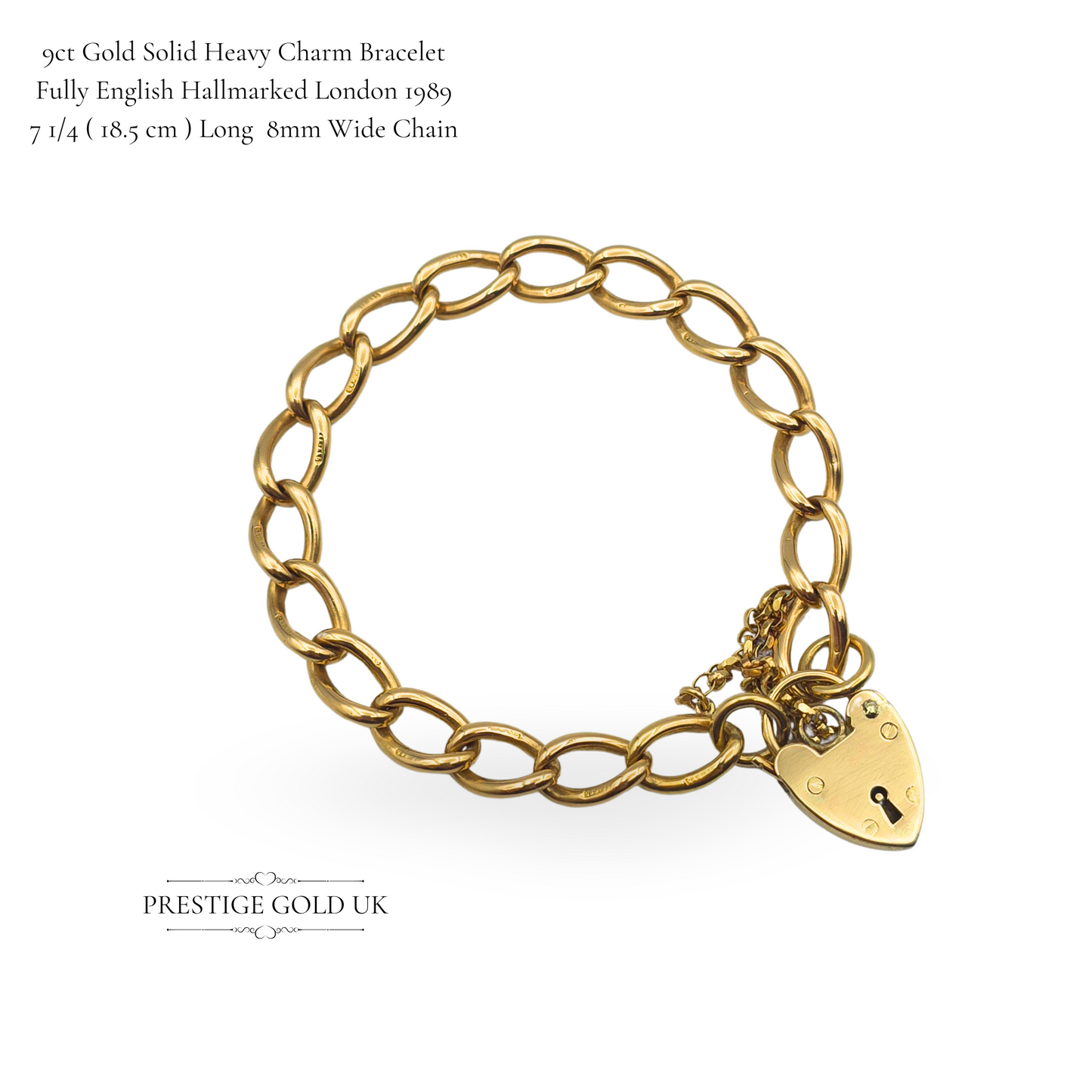 9ct Gold Solid Heavy Charm Bracelet, 7 1/4" (18.5cm) Long