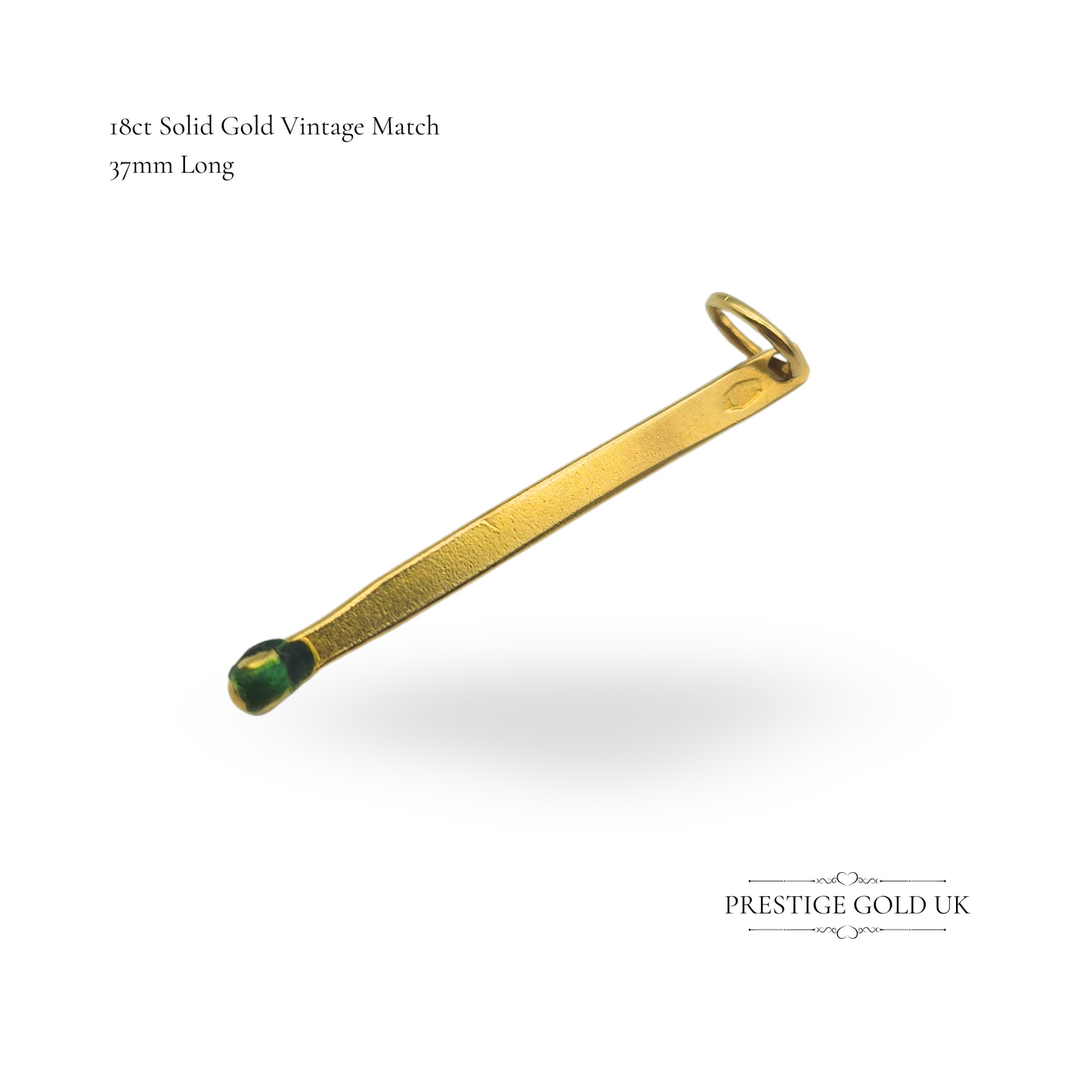 18ct Gold Matchstick Charm, Enamel Tip, 37mm, Unique Solid Gold Gift