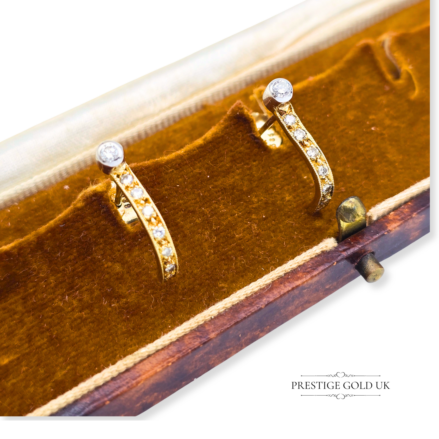 14ct Gold Diamond Half Hoop Earrings, J Shape Design with White Gold Detail