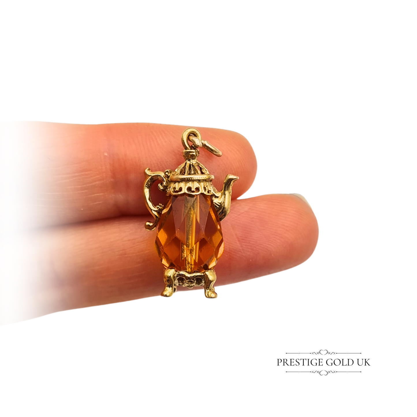 9ct Gold Vintage Teapot Coffee Pot Charm With Orange Faceted Crystal