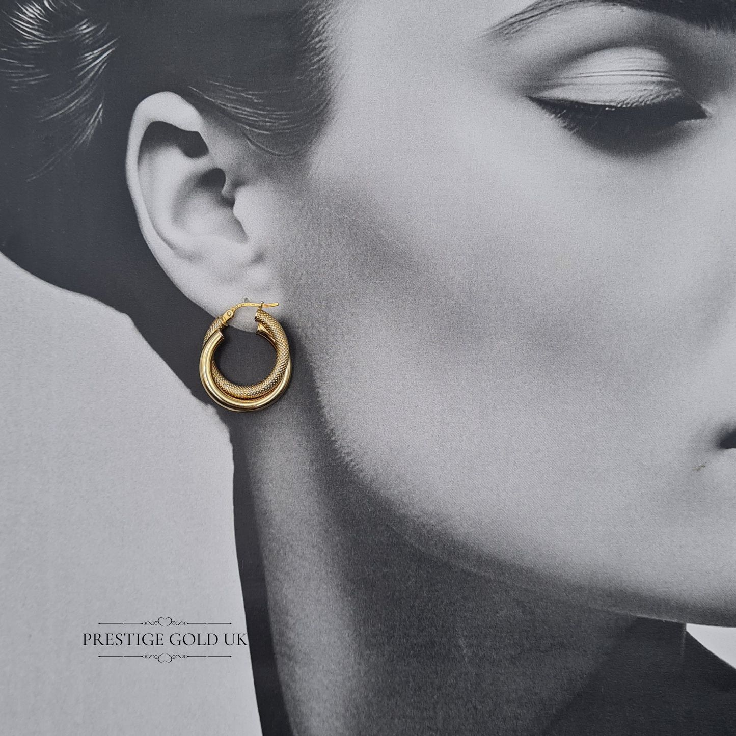 9ct Gold Interlocking Hoop Earrings, Textured & Smooth Finish, Hollow Flip Tops