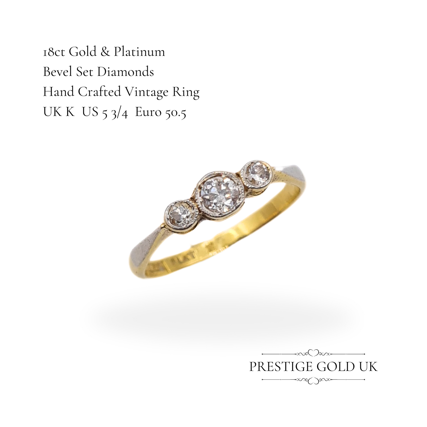 Vintage 18ct Gold & Platinum 3 Stone Diamond Trilogy Ring - UK K US 5 3/4