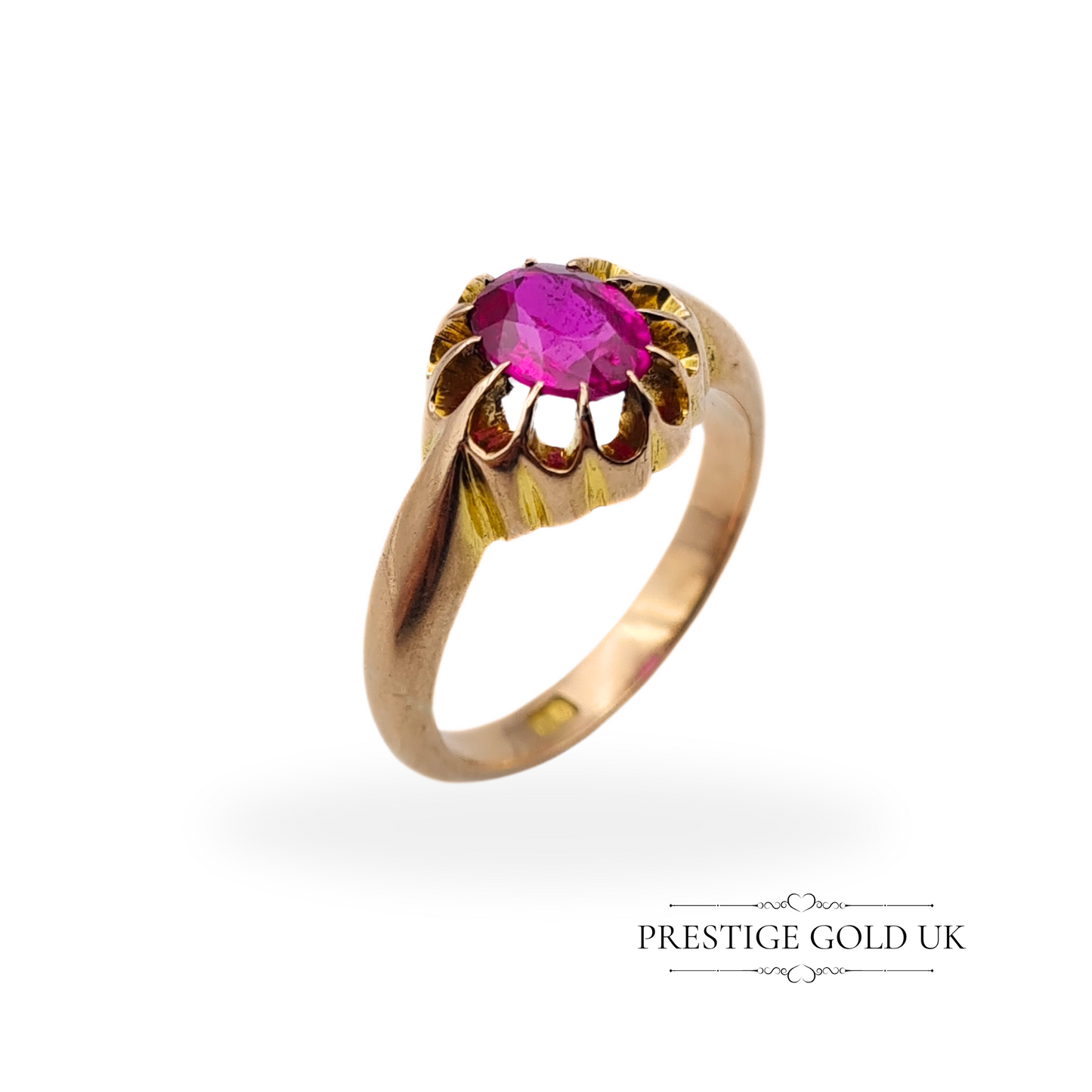 Vintage 9ct Gold Pink Oval Cut Paste Gypsy Ring - Size UK M US 6 1/4 Euro 52
