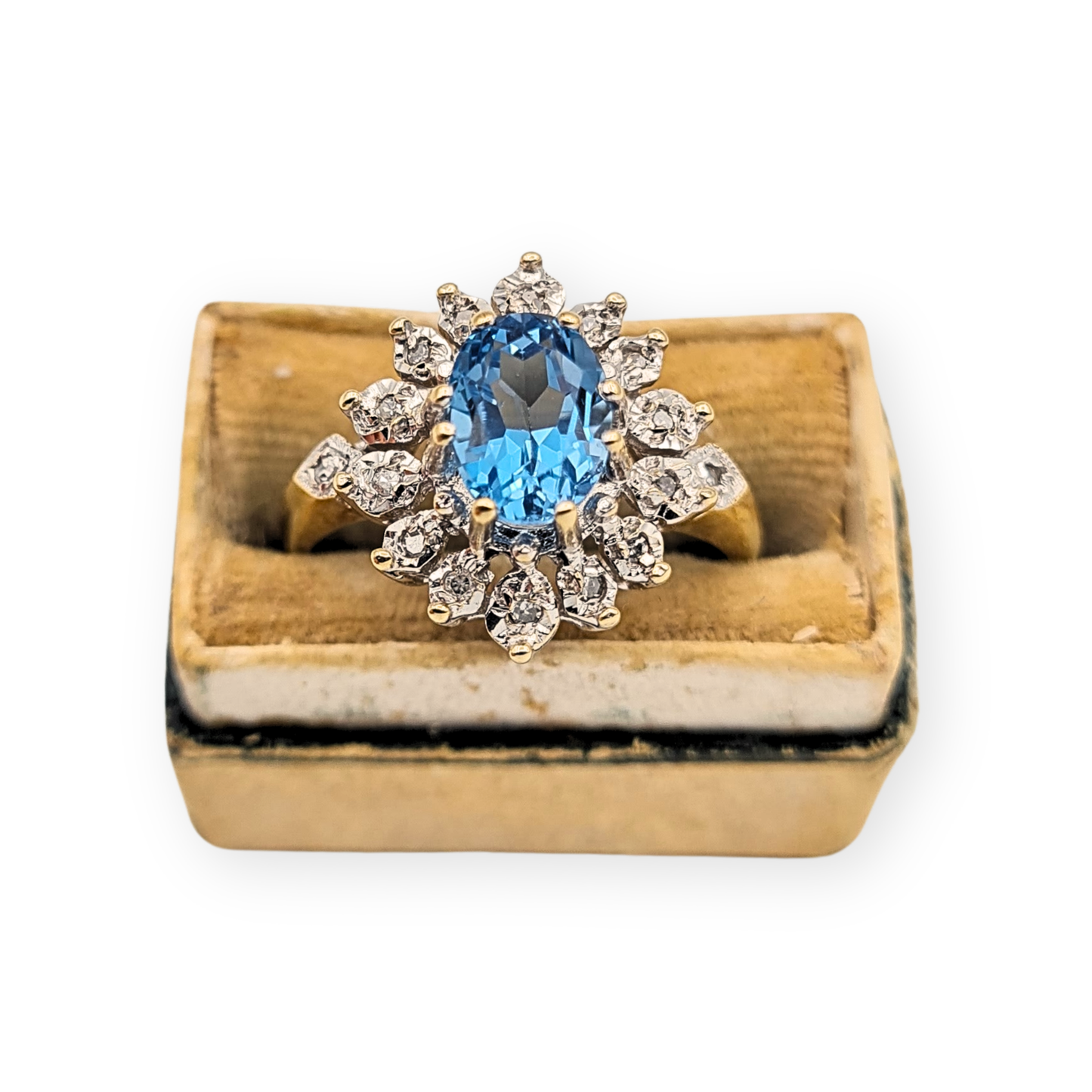 9ct Gold Oval Blue Topaz & Diamond Cocktail Ring - Size UK N, US 6 3/4,