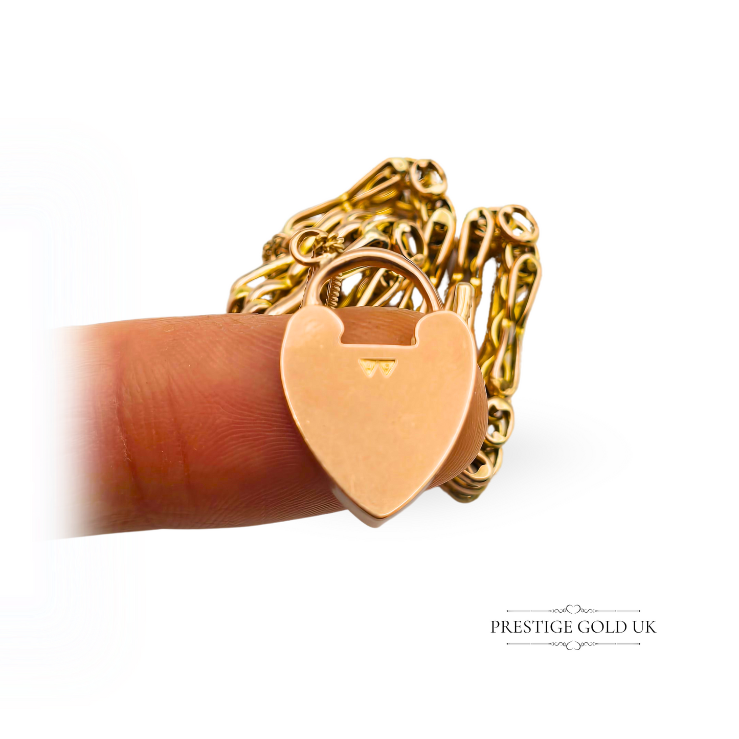 9ct Rose Gold Gate Bracelet - 3 Bar Fancy Link Gate Bracelet - Heart Padlock
