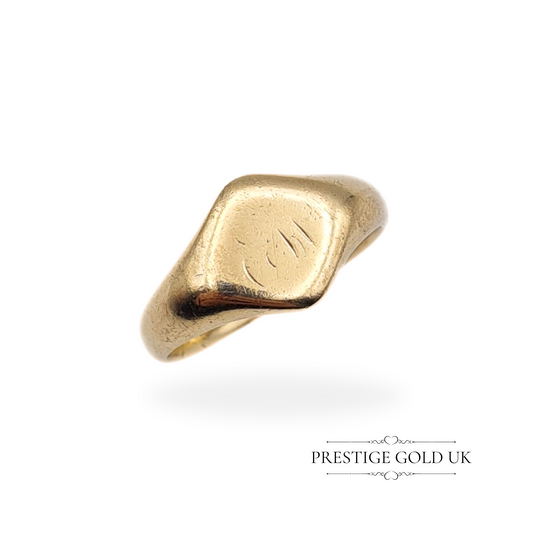 Antique 9ct gold heavy signet ring weighing 5.0g, fully hallmarked for Birmingham, showcasing engraved initials on the face.
