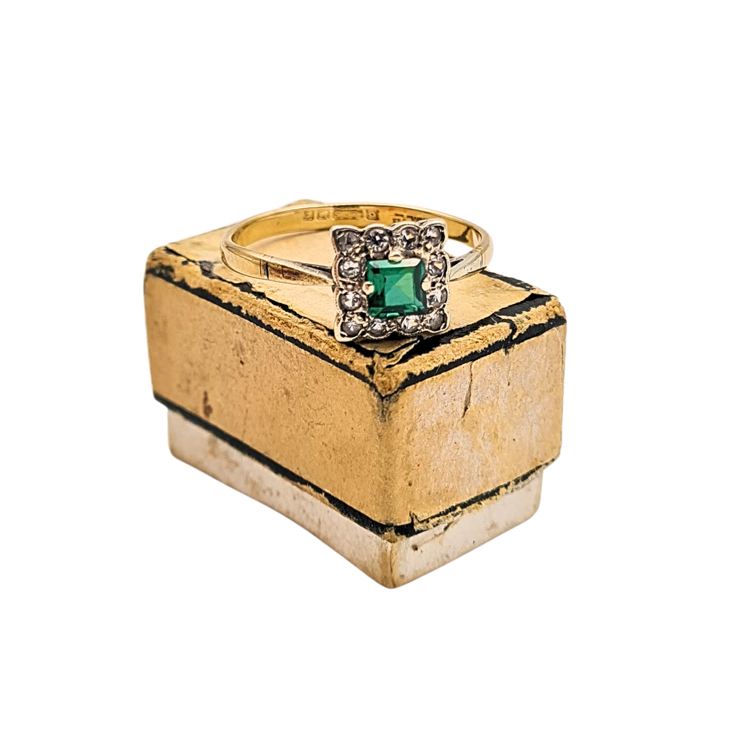 9ct Gold Square Paste Ring, Green And Clear Paste Stones UK R 1/2 US 9