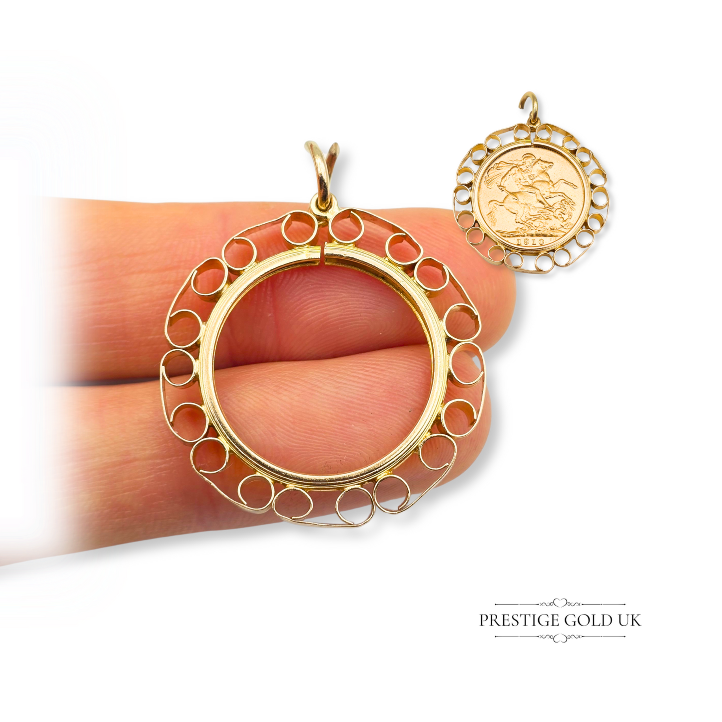 Large 9ct Gold Full Sovereign Coin Holder Pendant, Scroll Edge Coin Bezel