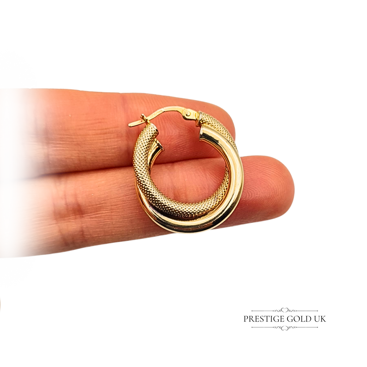 9ct Gold Interlocking Hoop Earrings, Textured & Smooth Finish, Hollow Flip Tops