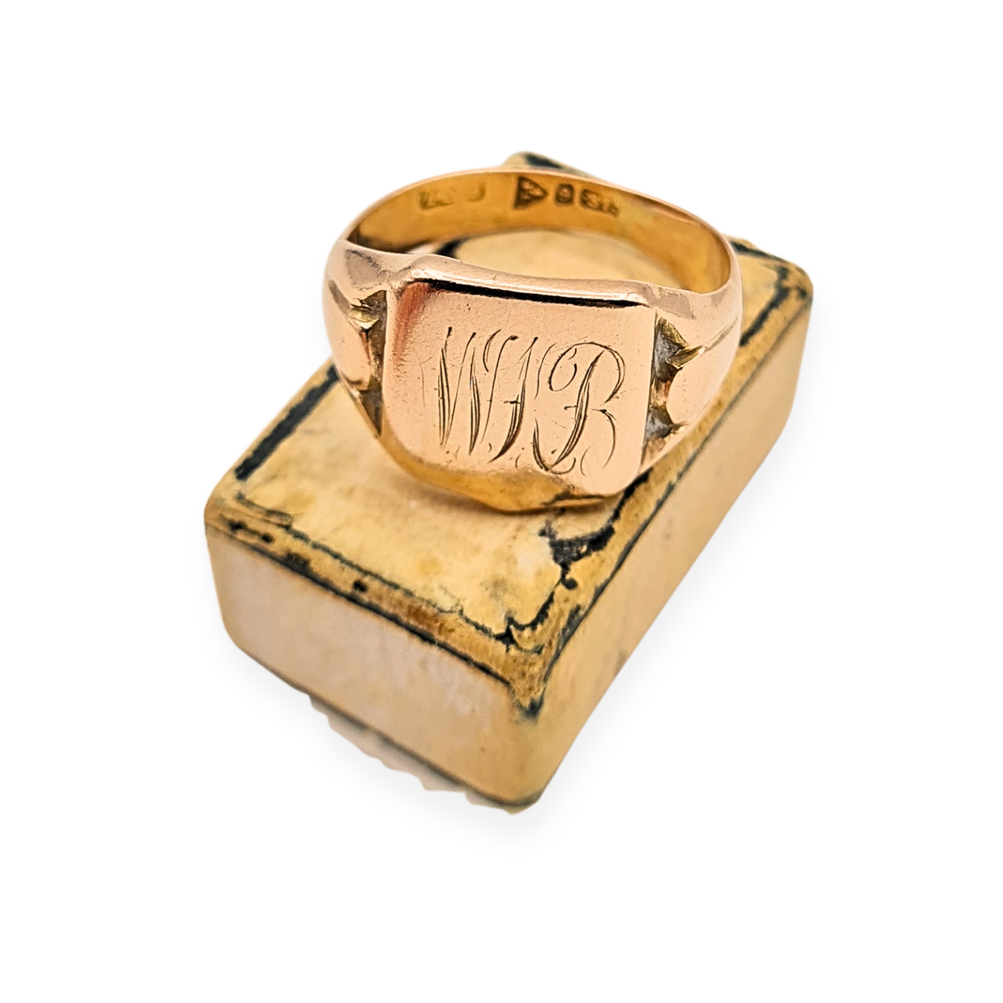 9ct Rose Gold Shield Signet Ring, Engraved WB, UK M US 6