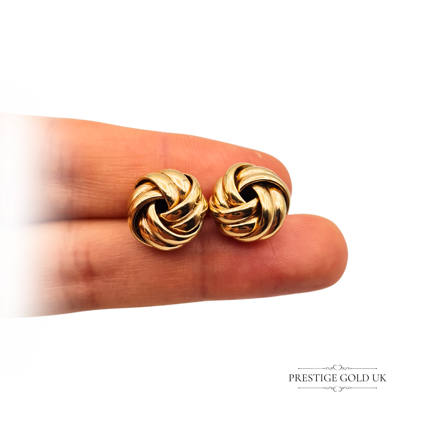 Large Gold Woolmark Stud Earrings, Large Lovers Knot Celtic Knot Ladies Studs