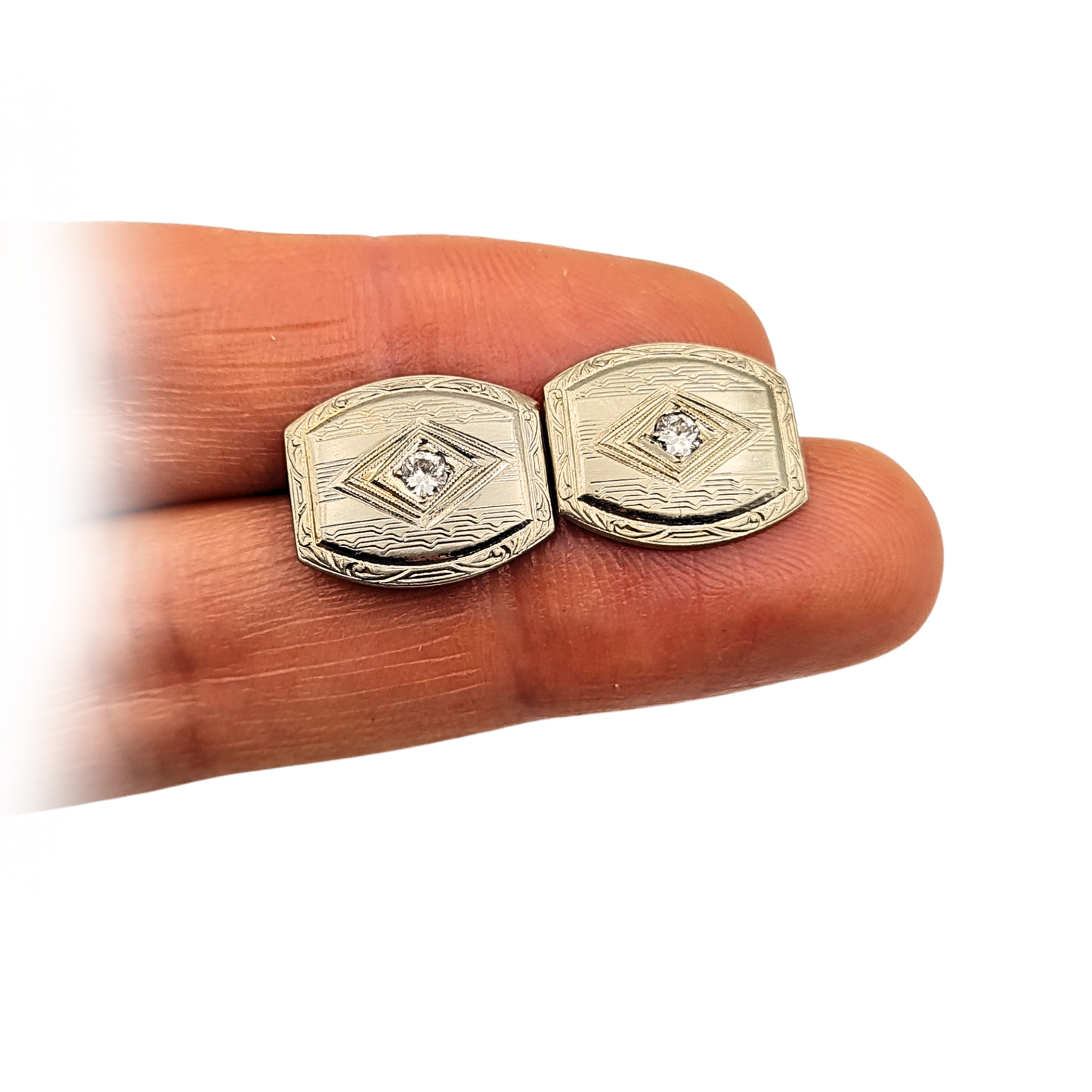 10ct White Gold Diamond Cufflinks, Art Deco Style, 10k Stamp