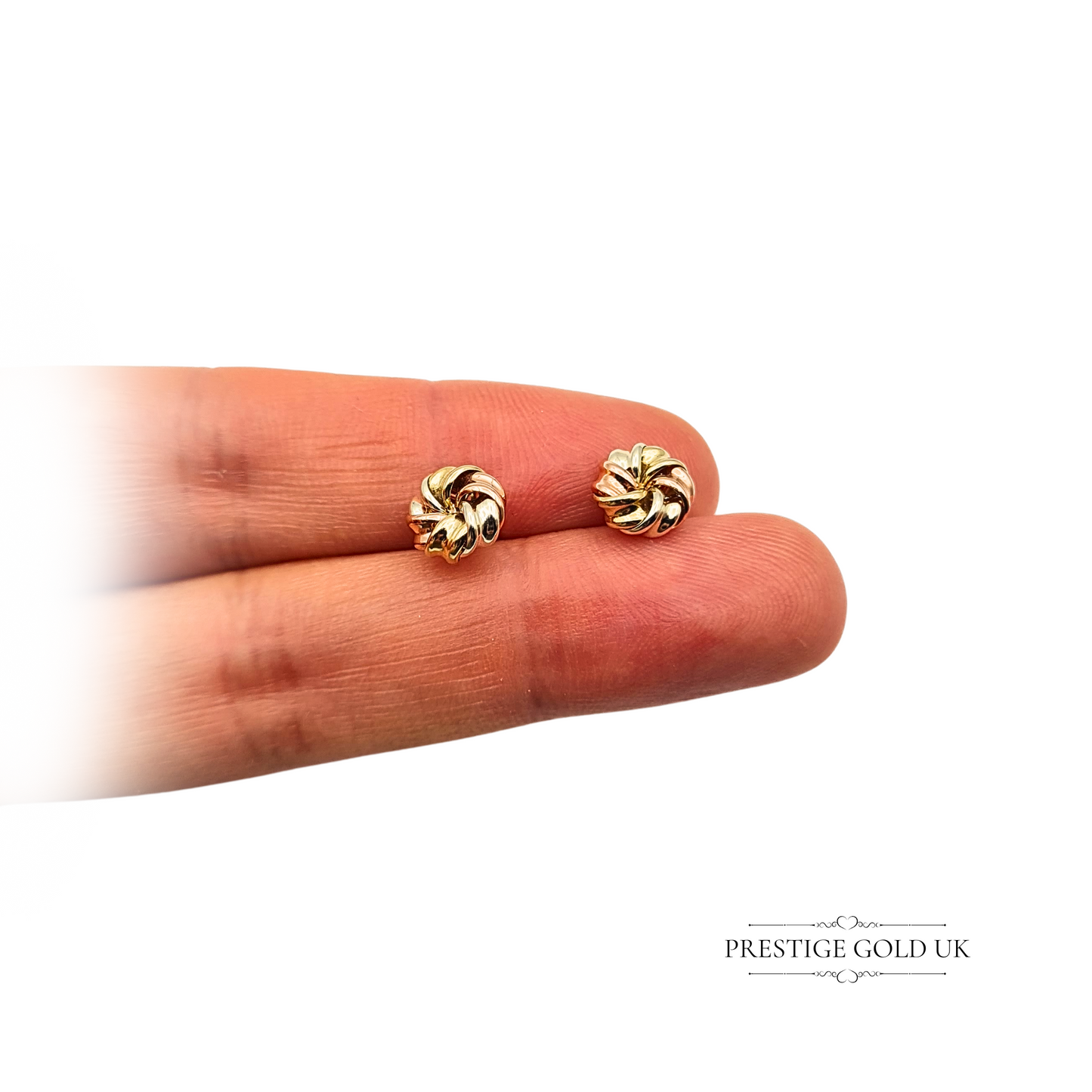 9ct Gold Round Flower Stud Earrings, Yellow, white and Rose Gold Twist Design