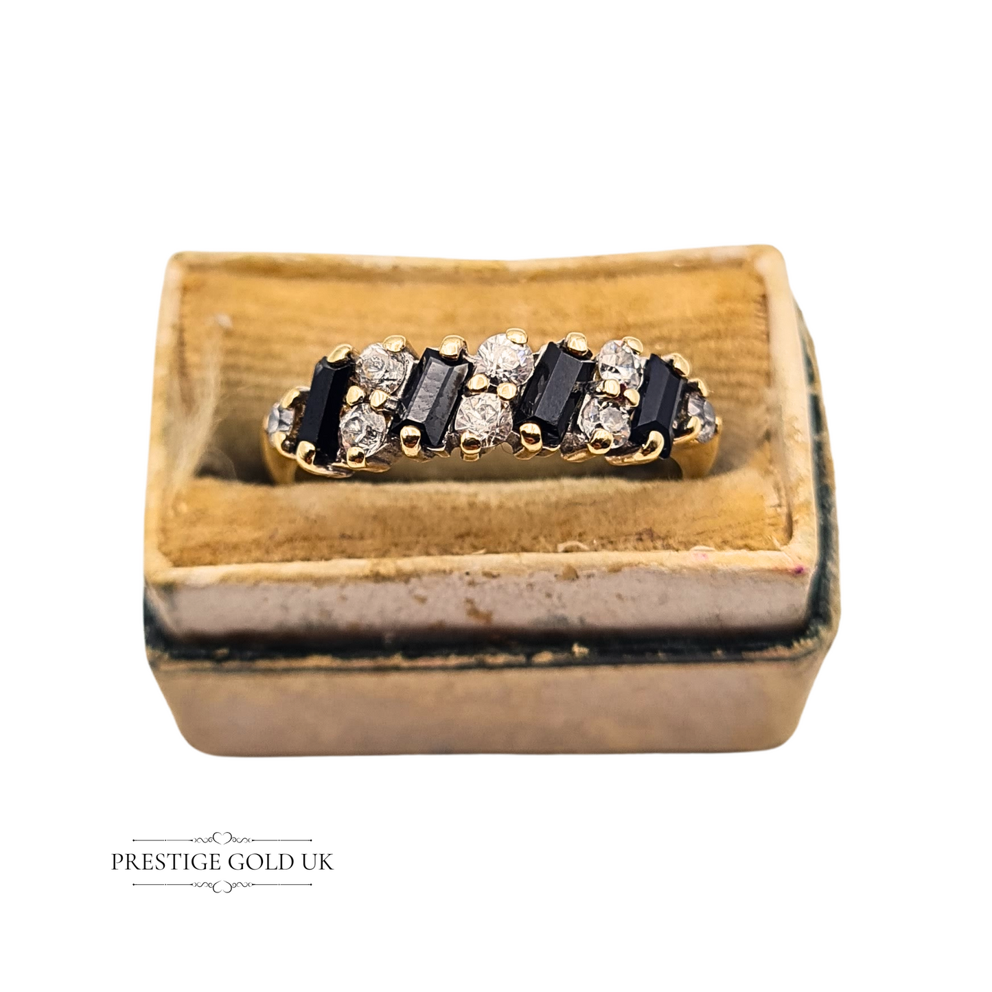 9ct Gold Navy Sapphire CZ Half Eternity Ring UK M US 6 1/2 Baguette Cut Stones