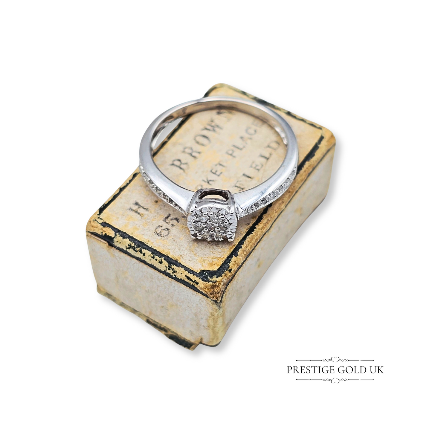 9ct White Gold Diamond Engagement Ring, illusion Set Diamonds UK M - US 6 1/4