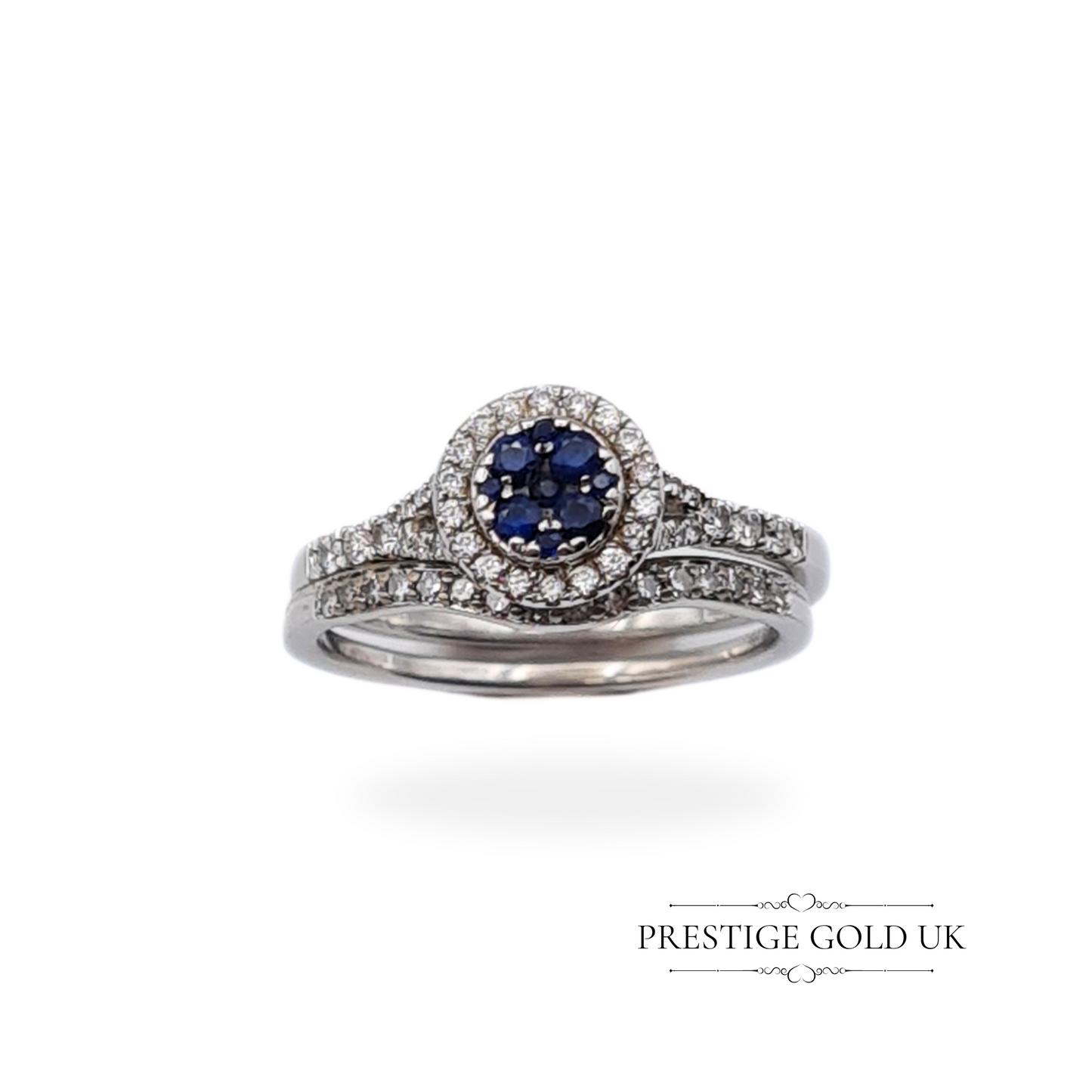 18ct White Gold Sapphire and Diamond Halo Engagement Ring & Wedding Band Set