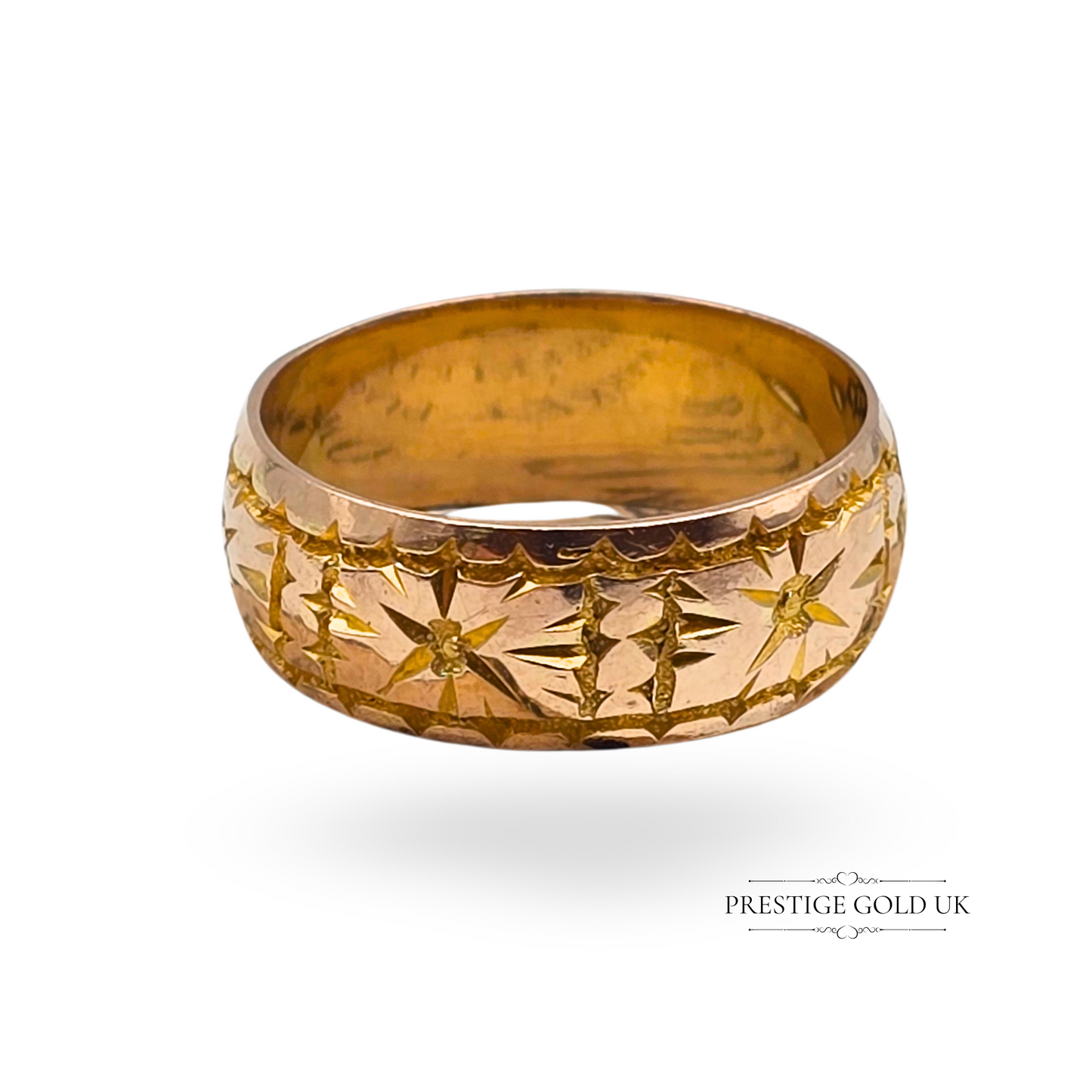 Antique 9ct Rose Gold Band, Star Pattern Hand Engraved Ring 1916, UK N 1/2 US 7