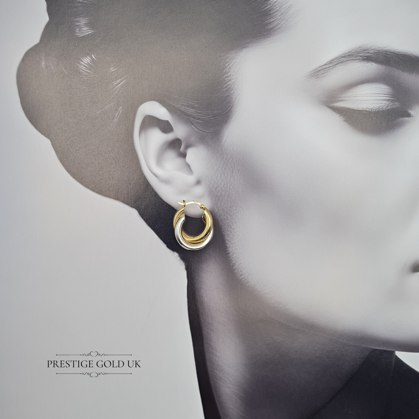 9ct Gold Two Tone Hoop Earrings, Interlocking twist Desing