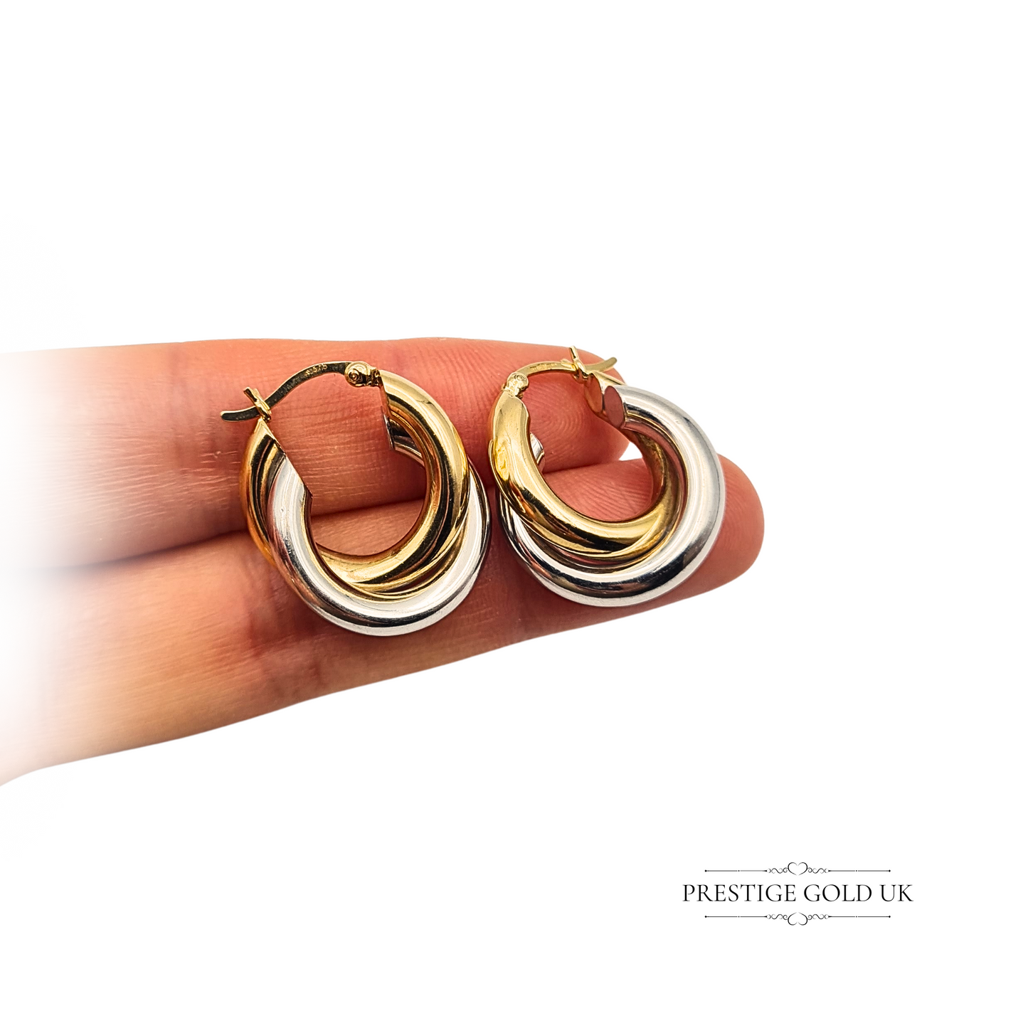 9ct Gold Two Tone Hoop Earrings, Interlocking twist Desing