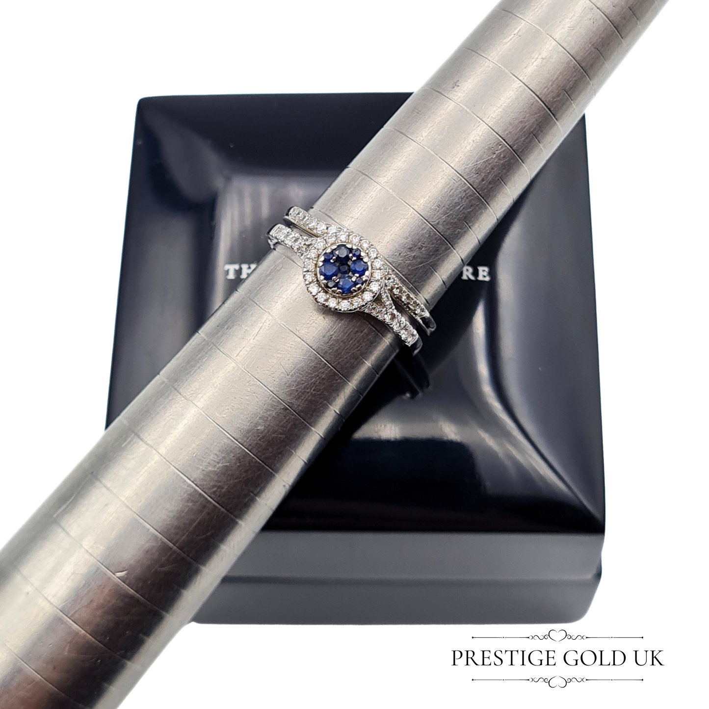 18ct White Gold Sapphire and Diamond Halo Engagement Ring & Wedding Band Set