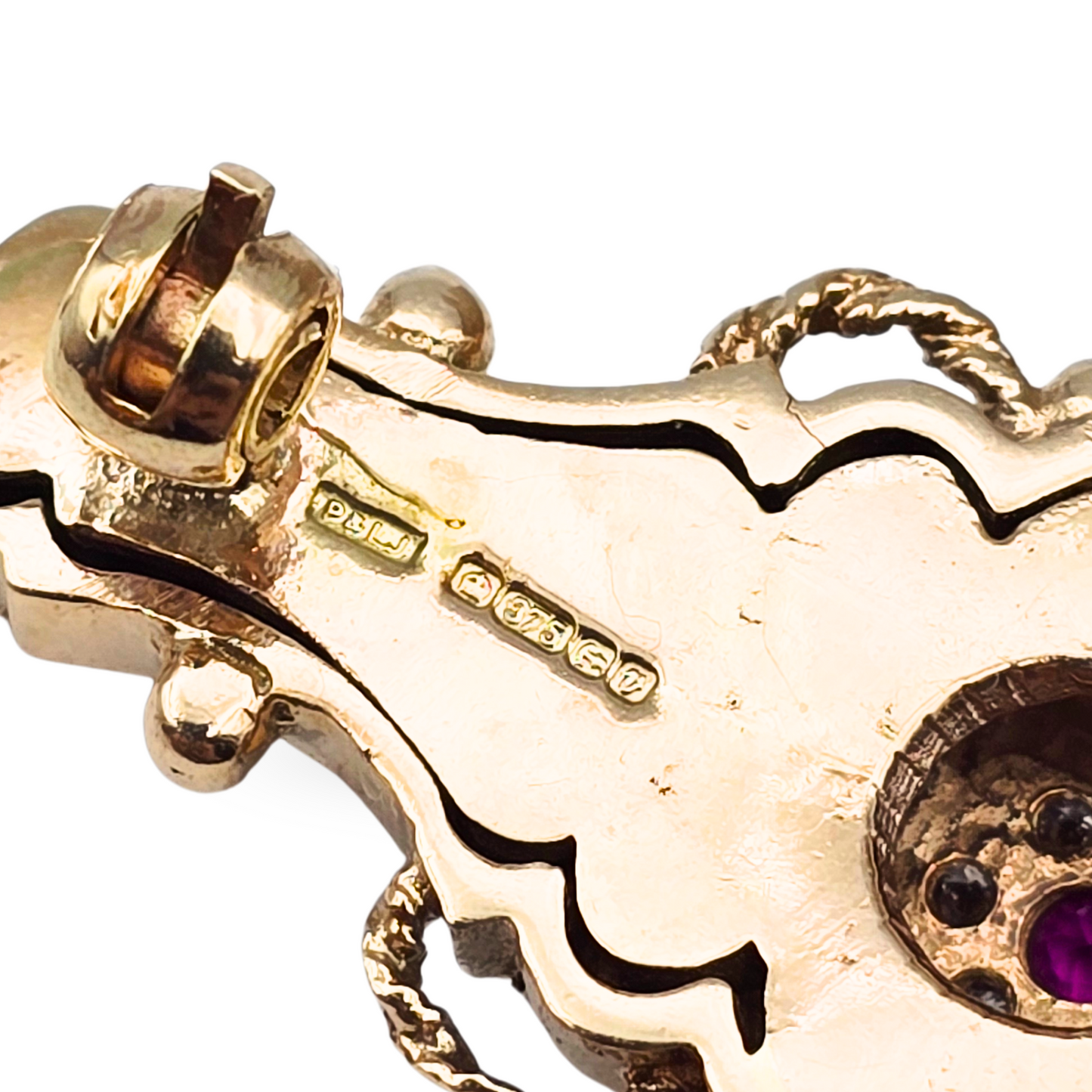 9ct Gold Ruby Diamond Set Ornate Brooch Element Scroll Work, Hand Crafted