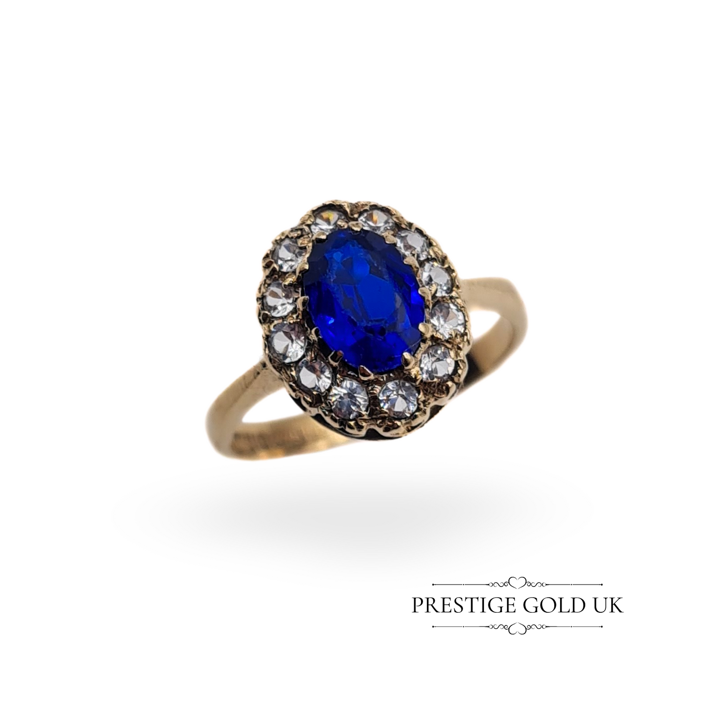 Vintage 9ct Gold Blue Stone & CZ Oval Cluster Ring - UK H US 3 3/4