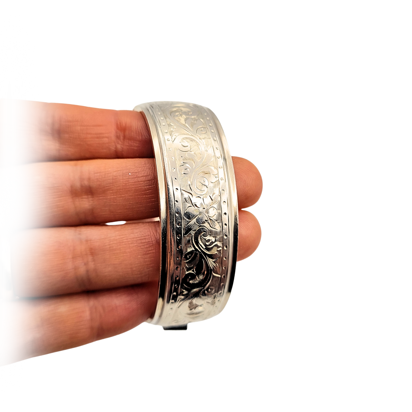 6 1/2" Silver Floral Bangle, Birmingham 1984, Wide Opening Bangle