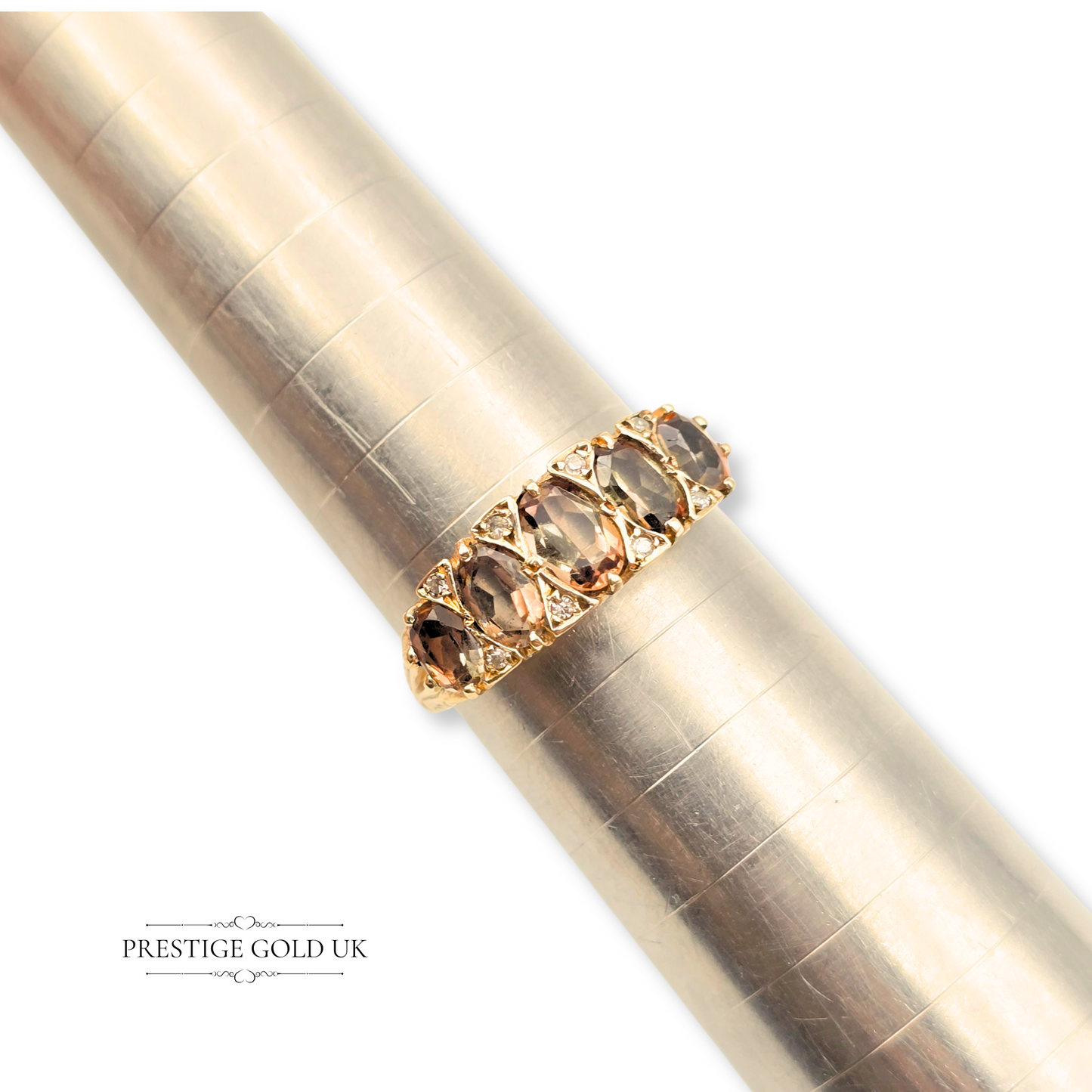 9ct Gold Multistone Smokey Quartz & Diamond Ring, UK R - US 8 3/4
