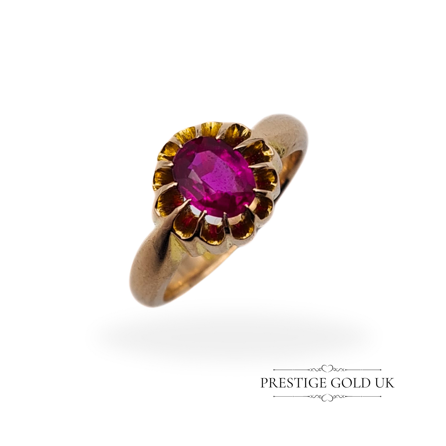 Vintage 9ct Gold Pink Oval Cut Paste Gypsy Ring - Size UK M US 6 1/4 Euro 52