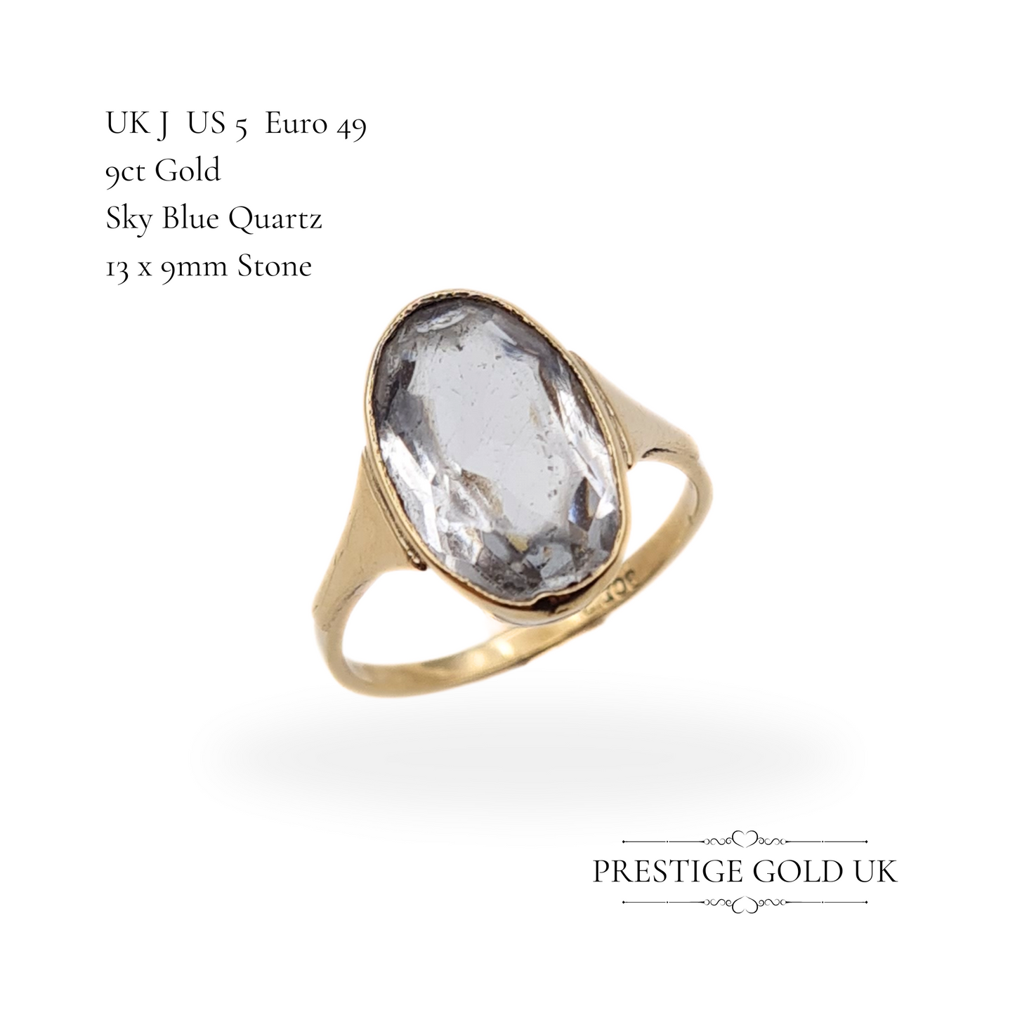 Vintage 9ct Gold Oval Bezel Set Sky Blue Quartz Ring - UK J, US 5, Euro 49
