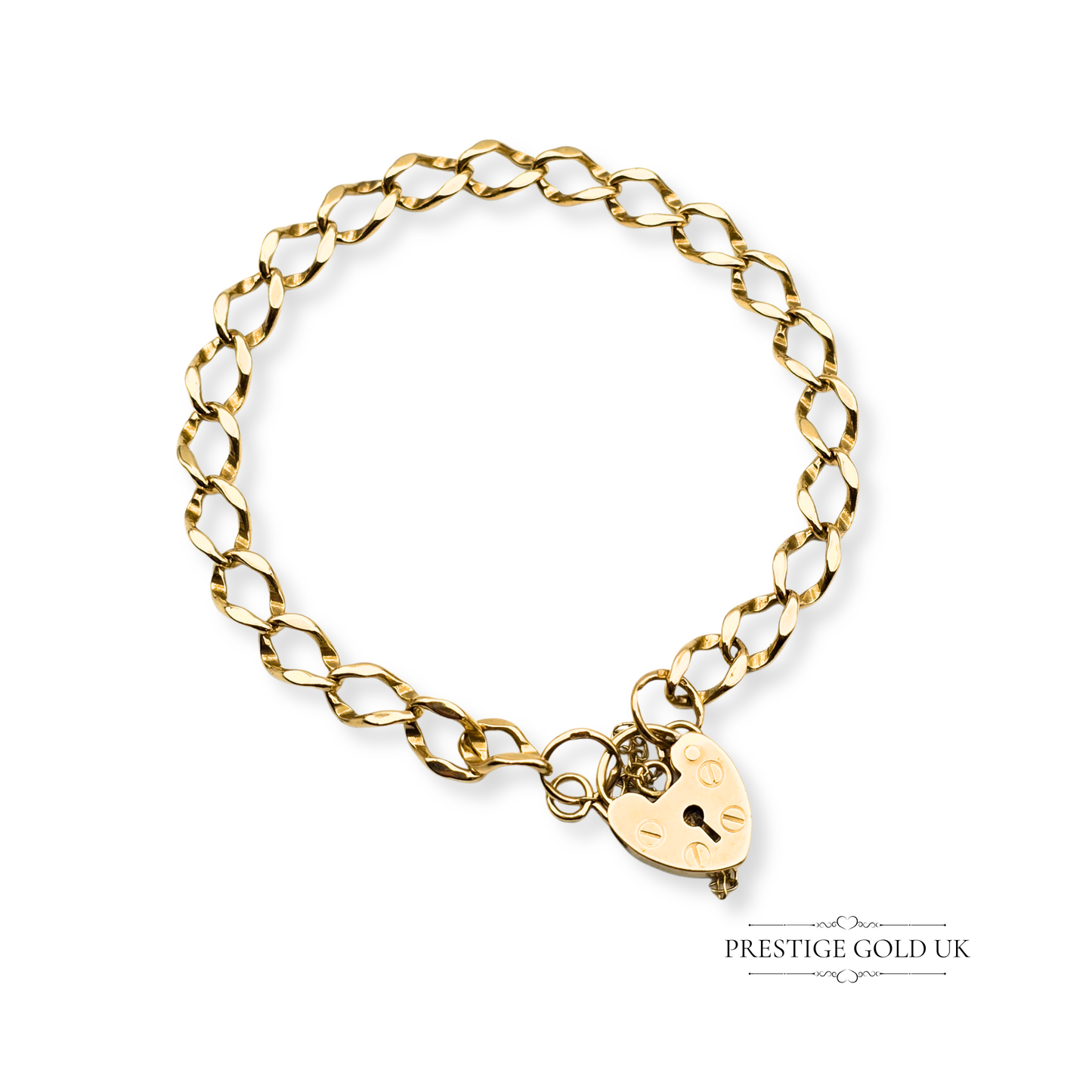 7" Long 9ct Gold Heart Padlock Bracelet, Small Heart Padlock Clasp