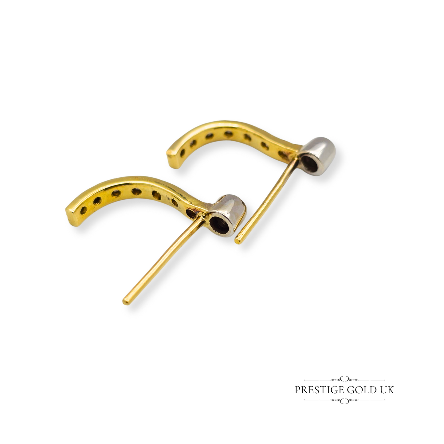 14ct Gold Diamond Half Hoop Earrings, J Shape Design with White Gold Detail