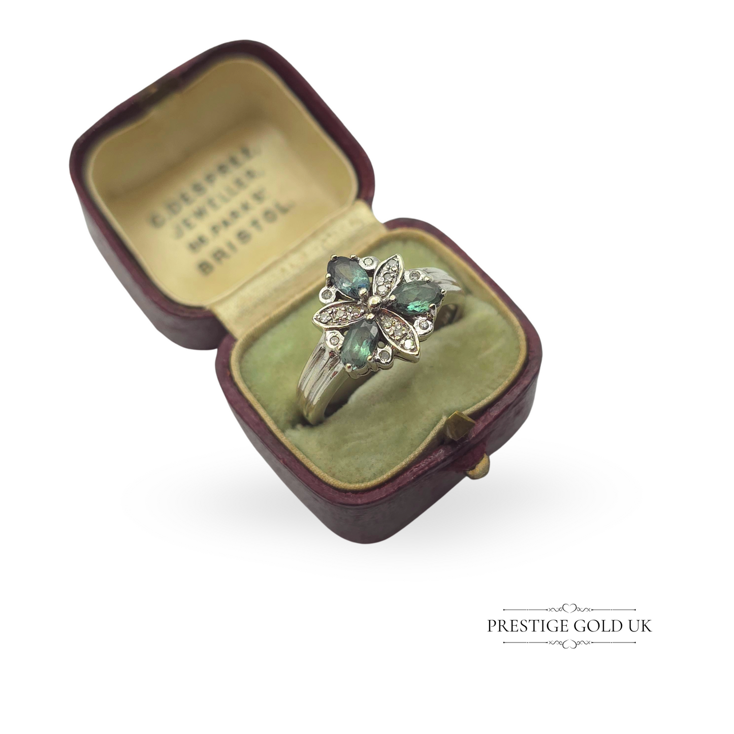 Vintage 14ct White Gold Tourmaline & Diamond Ring - UK N 1/2, US 7 - CLEARANCE