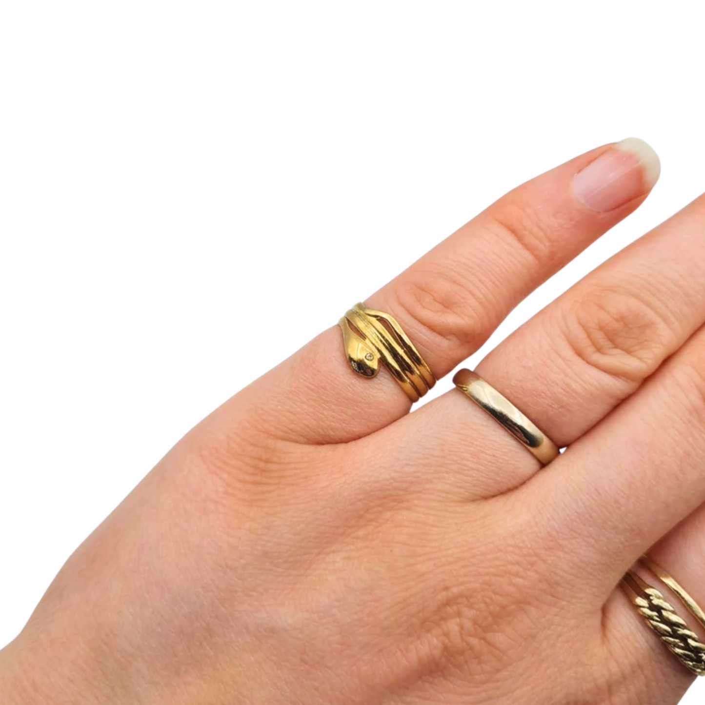 21ct Antique Gold, Tiny Coiled Snake Ring, Diamond Eyes, Pinky Ring UK H½ US 4¼