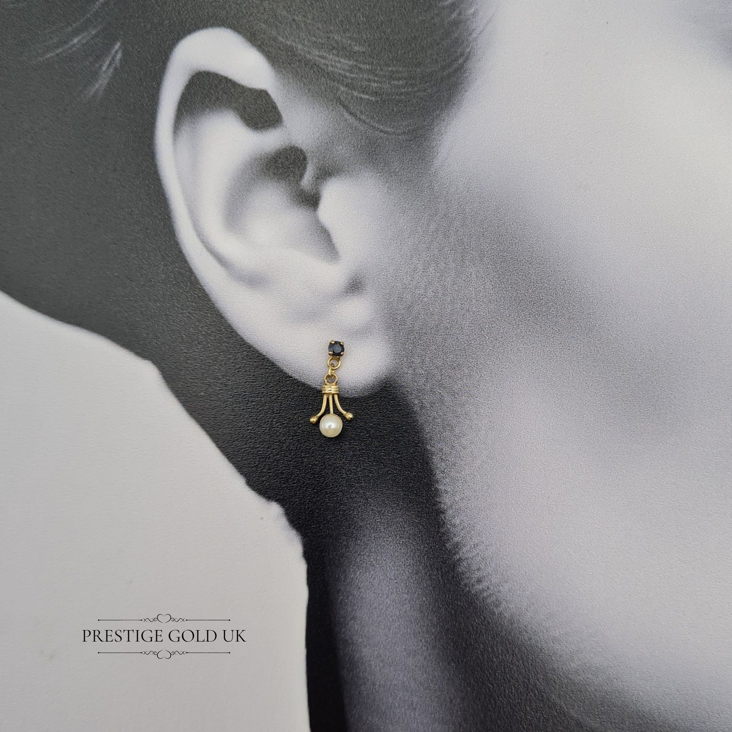 9ct Gold Pearl & Sapphire Earrings, 15mm Drop, Victorian Style