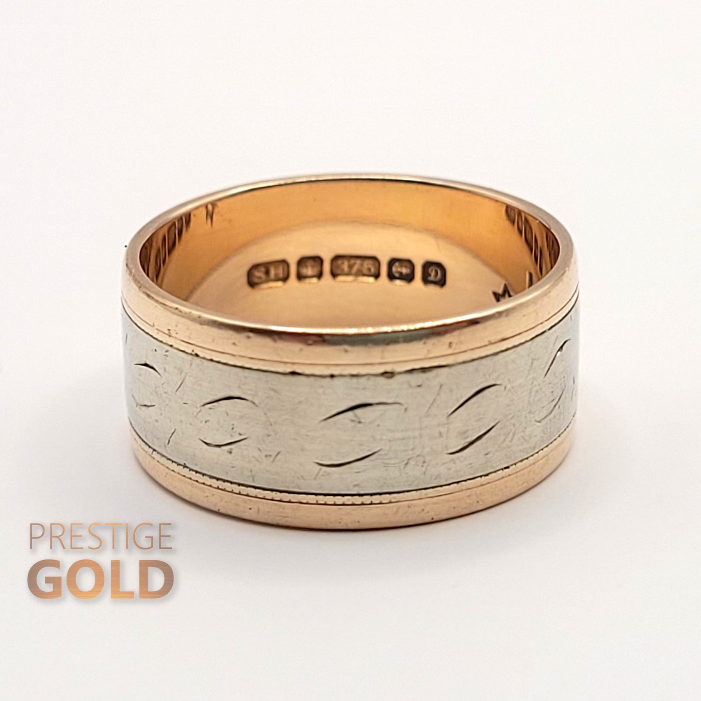 Gold Patterned Ring 9ct - 1970's Rose & White Gold Band - Vintage Two Tone Boho Ring - 9 mm Wide Size UK O, US 7 , Euro 55