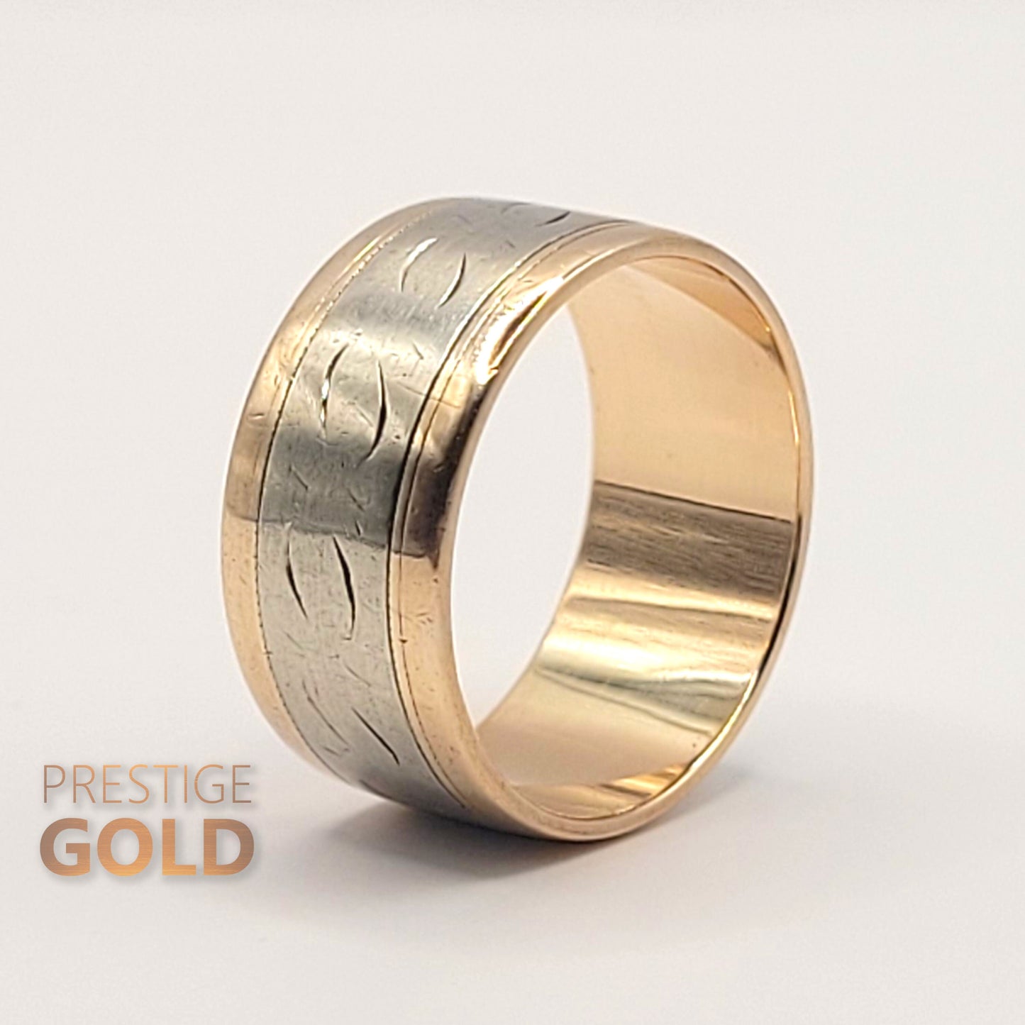 Gold Patterned Ring 9ct - 1970's Rose & White Gold Band - Vintage Two Tone Boho Ring - 9 mm Wide Size UK O, US 7 , Euro 55