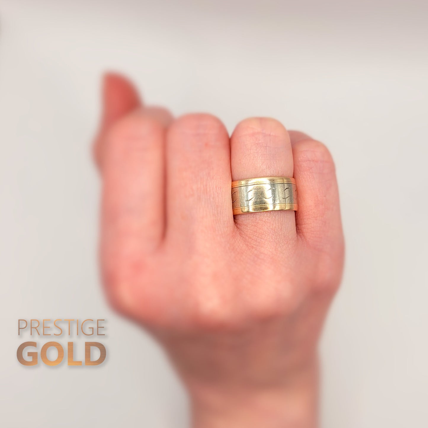 Gold Patterned Ring 9ct - 1970's Rose & White Gold Band - Vintage Two Tone Boho Ring - 9 mm Wide Size UK O, US 7 , Euro 55