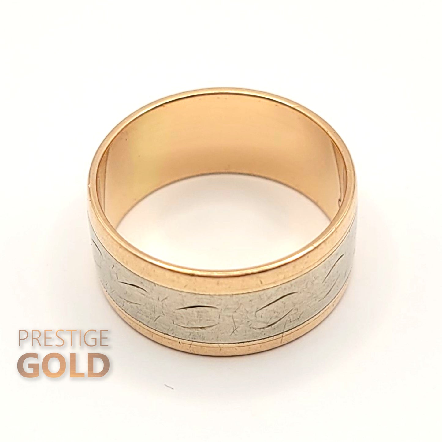 Gold Patterned Ring 9ct - 1970's Rose & White Gold Band - Vintage Two Tone Boho Ring - 9 mm Wide Size UK O, US 7 , Euro 55