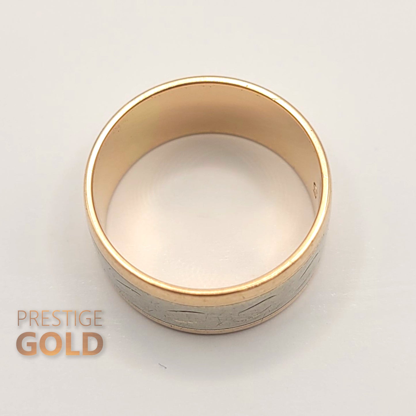 Gold Patterned Ring 9ct - 1970's Rose & White Gold Band - Vintage Two Tone Boho Ring - 9 mm Wide Size UK O, US 7 , Euro 55