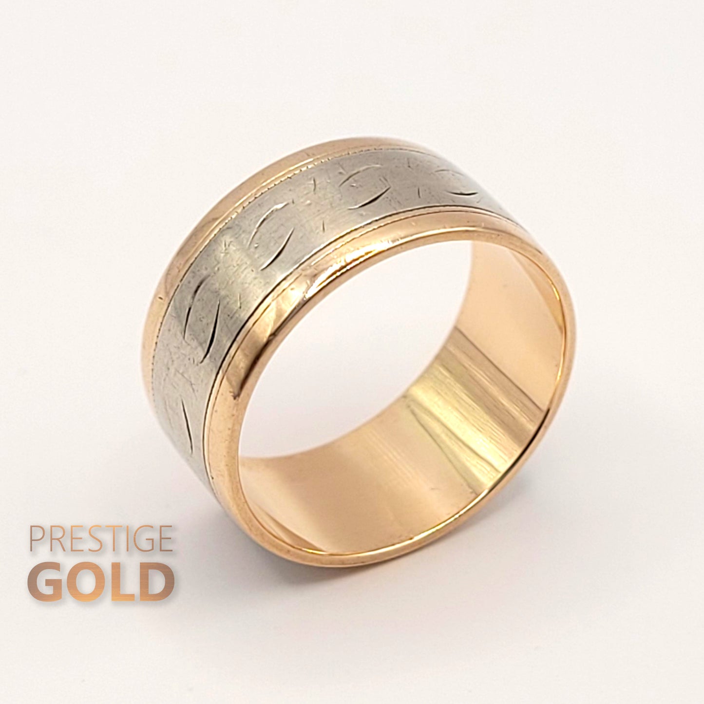 Gold Patterned Ring 9ct - 1970's Rose & White Gold Band - Vintage Two Tone Boho Ring - 9 mm Wide Size UK O, US 7 , Euro 55