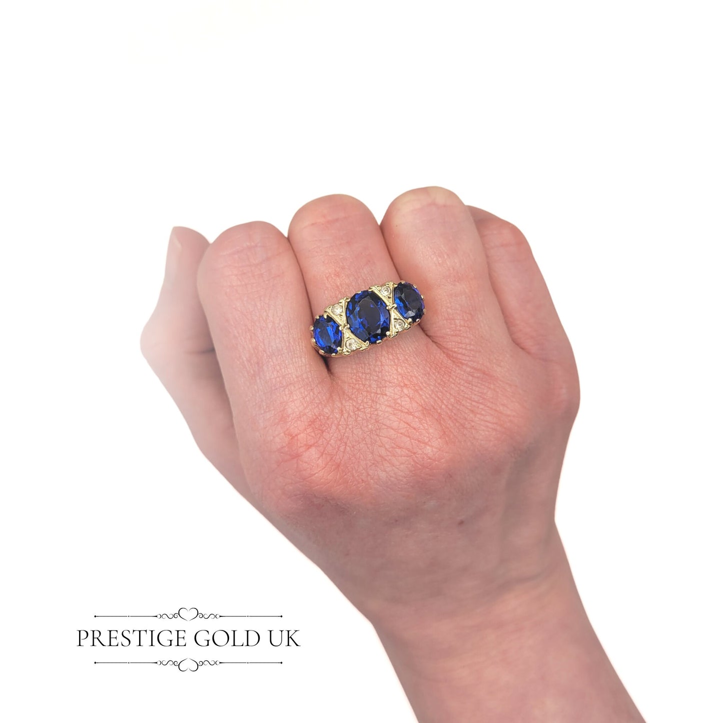 Gold Blue & Diamond Ring 9ct - Blue Paste Cocktail Ring - Paste Stone Statement Ring - Size UK Q - US 8 - Euro 57.5