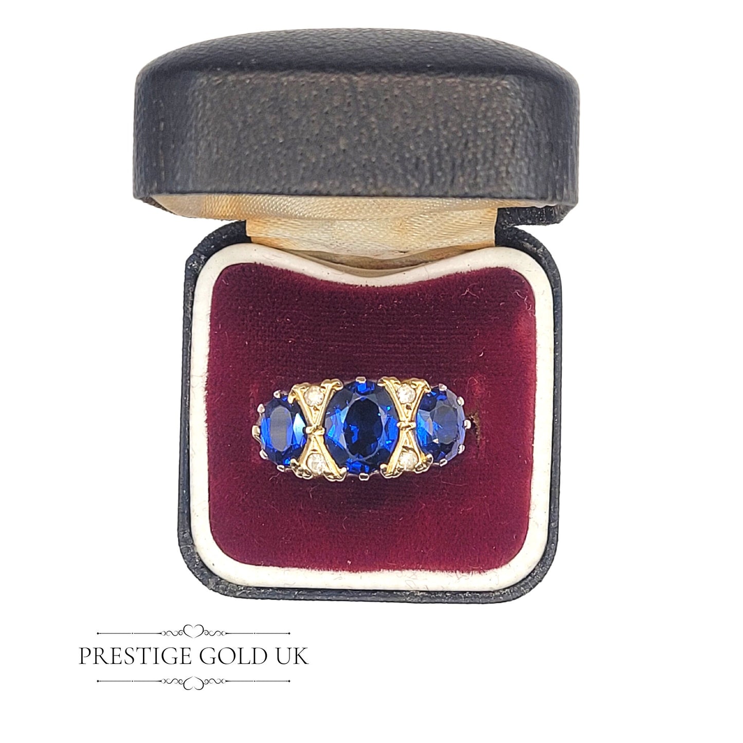 Gold Blue & Diamond Ring 9ct - Blue Paste Cocktail Ring - Paste Stone Statement Ring - Size UK Q - US 8 - Euro 57.5