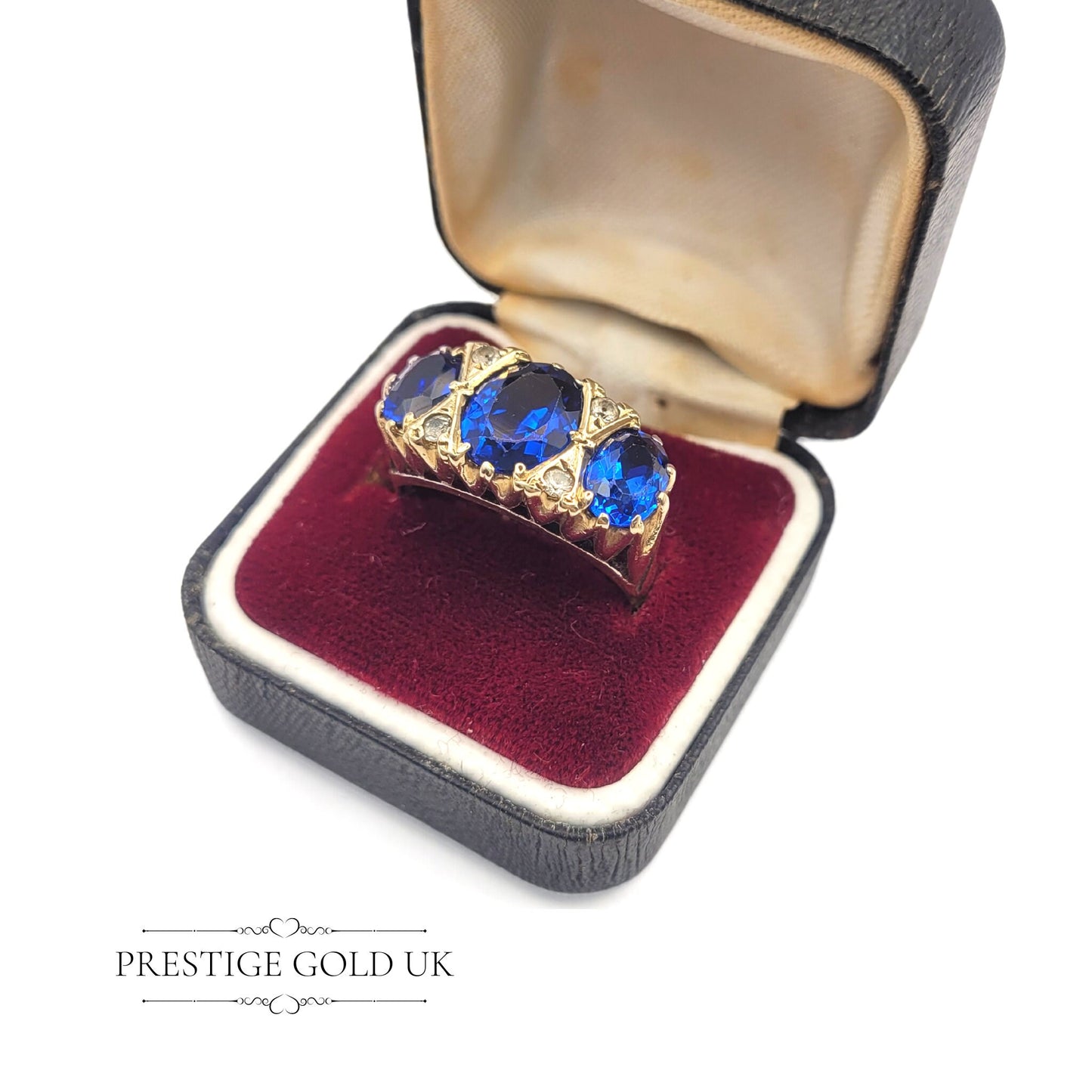 Gold Blue & Diamond Ring 9ct - Blue Paste Cocktail Ring - Paste Stone Statement Ring - Size UK Q - US 8 - Euro 57.5