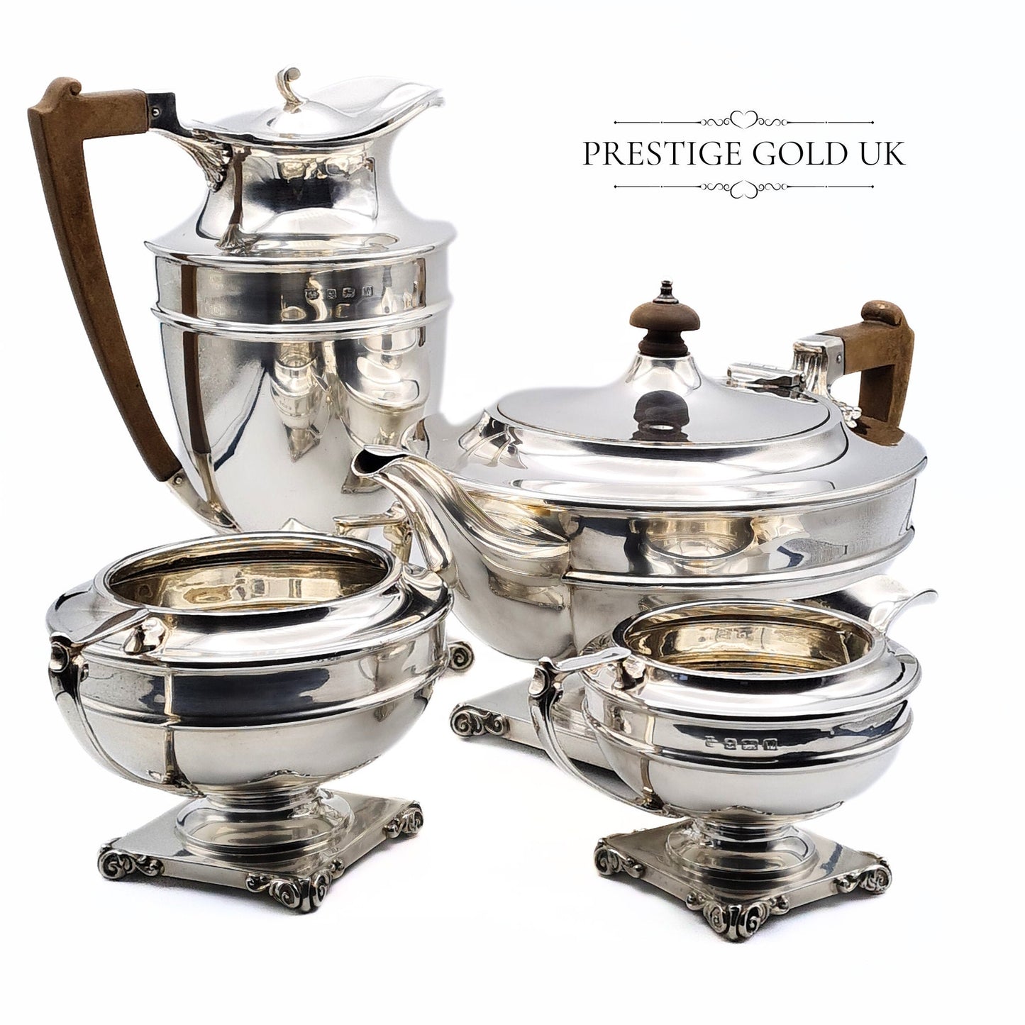 1920s Solid Silver Tea & Coffee Set, Milk Jug & Sugar Bowl - British Hallmarks
